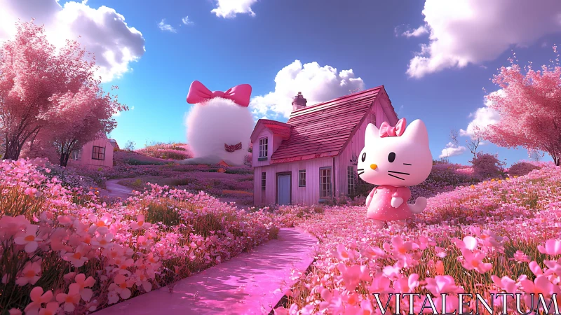 Pink kitty cottage glows inside surreal blossom meadow.