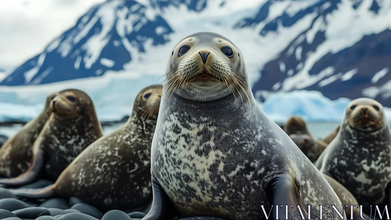 Harbor seals rest on icy shore beneath rugged peaks.