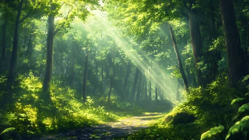 Sunlit forest path with lush greenery in a serene, digital art style.