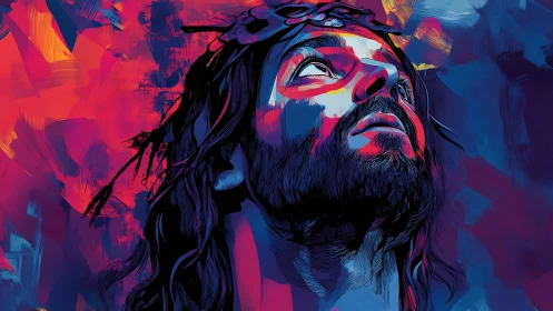 Color-rich digital portrait of bearded man looking upward.