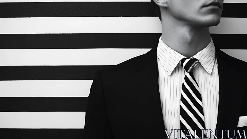 Male subject in suit stands before horizontal striped wall