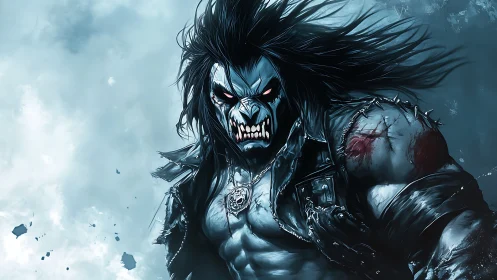 Savage void raider snarls through stormlit blue chaos.