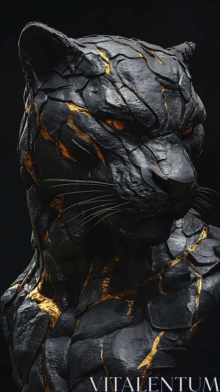 Black stone panther bust with gold fissures on dark ground.