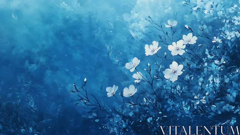 White flowers bloom against deep blue gradient background