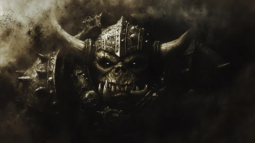 Armored war-beast portrait in particulate battlefield shroud.