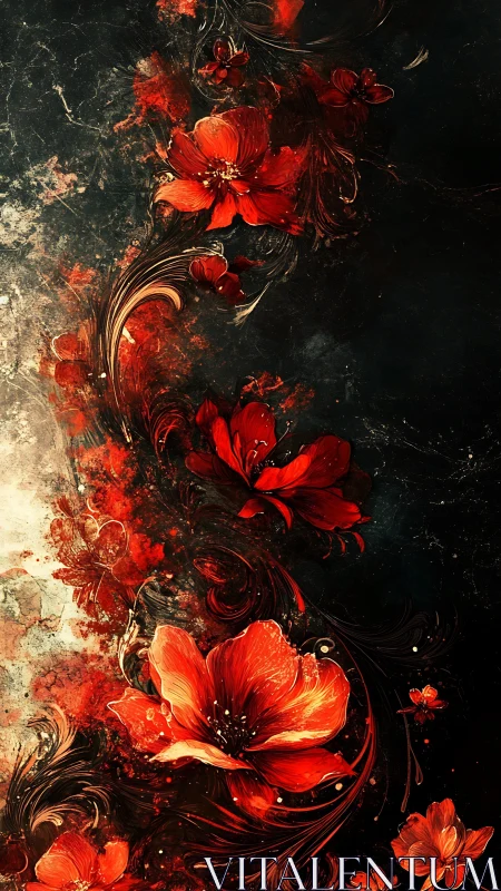 Crimson floral vortex on distressed dark abstract background