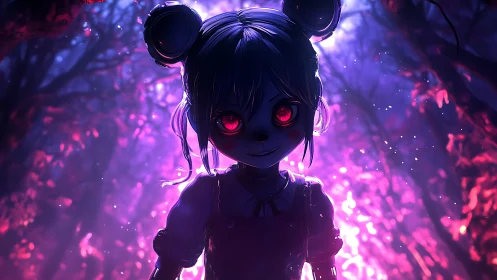 Creepy cartoon girl with glowing eyes stands in neon forest