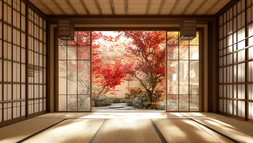 Tatami chamber with shoji-framed courtyard maple illumination.