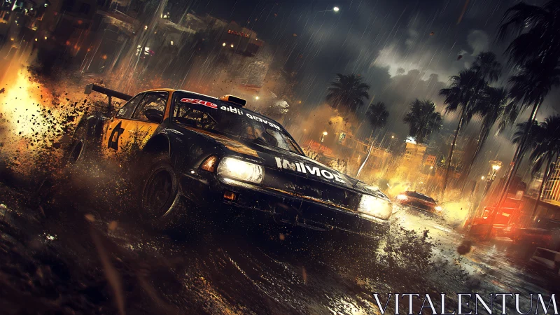 Dynamic night rally car in cinematic rain-soaked street scene.