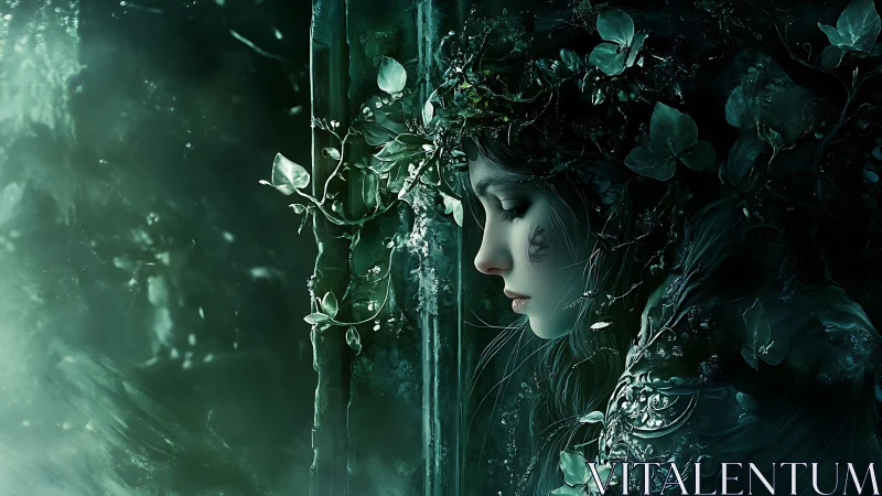 Forest spirit in quiet emerald light, lost in thought.