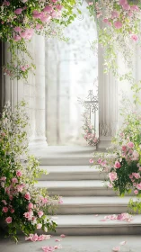 Marble stairway framed by cascading pink florals in soft haze