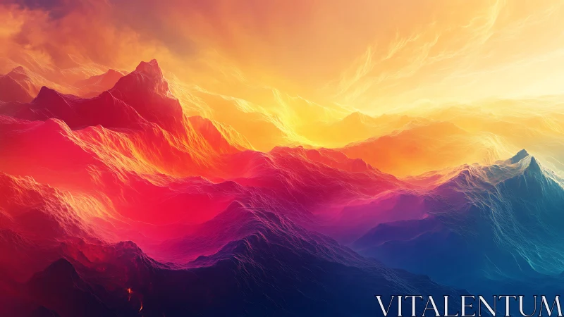 Neon mountains glow beneath a blazing surreal sunrise sky