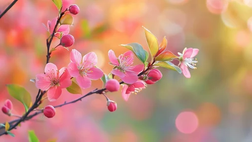 Pink crabapple blossoms with selective focus depth in warm bokeh environment