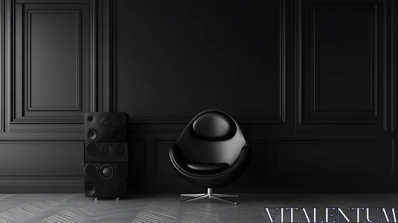 Midnight lounge sphere chair in a moody monochrome salon.