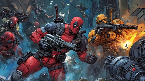 Comic action tableau with tactical antihero squad composition.