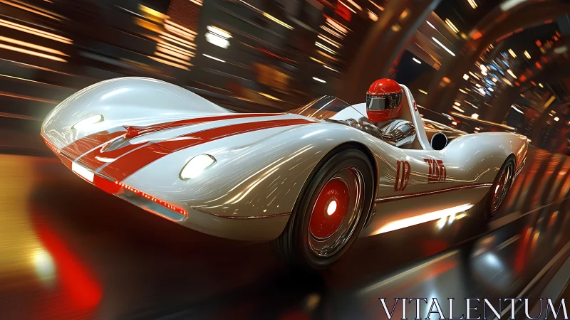 Streamlined retro racer accelerates through neon tunnel