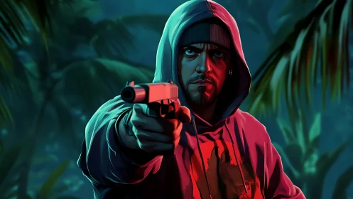Hooded gunman with pistol in tropical night environment