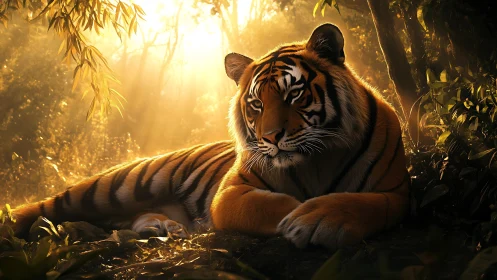 Tiger resting in dense forest under low warm sunlight.