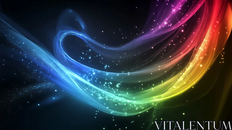 Sweeping rainbow light trails curl gently through the dark