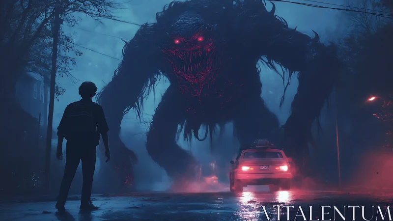 Cinematic digital horror scene with colossal neon-eyed monster.