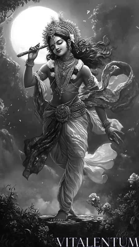 Moonlit flute dancer strides through silver swirling clouds