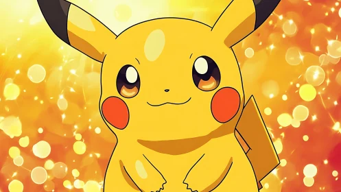 Spark-bright Pikachu smiles amid glowing golden bokeh haze.