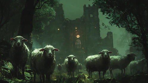 Sheep in emerald twilight before a secretive forest castle.