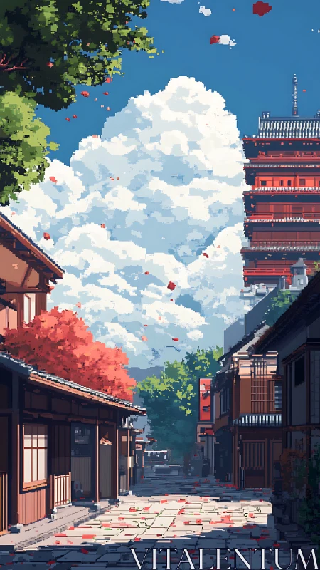Pixel-art Japanese street under cumulus sky with layered depth