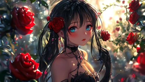 Anime girl with roses in detailed luminous garden scene.