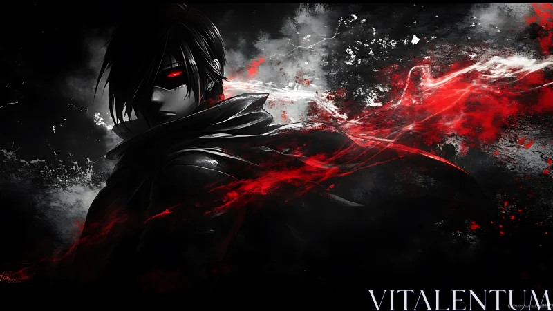 Dark anime antihero stands amid swirling red energy storm