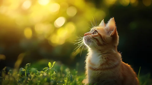 Golden light bathes a curious kitten in peaceful evening glow