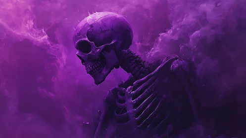 Violet smoke skeleton drifting through neon afterlife haze.