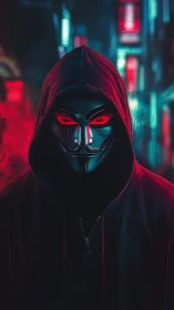 Hooded masked figure in neon city with intense red lighting.