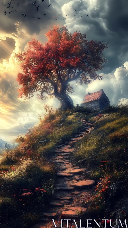 Sunlit hilltop tree welcomes a winding path to quiet shelter