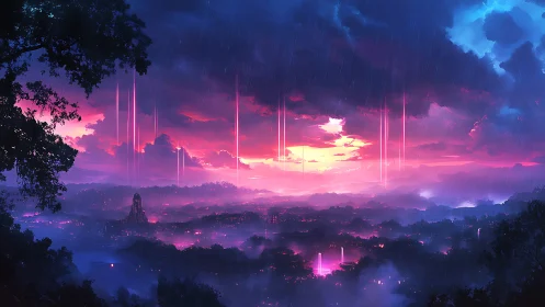 Neon rain streaks descend over a misty cyber valley at dusk.