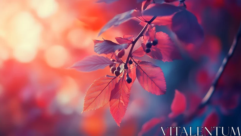 Red autumn leaves glow against soft pastel bokeh sunset