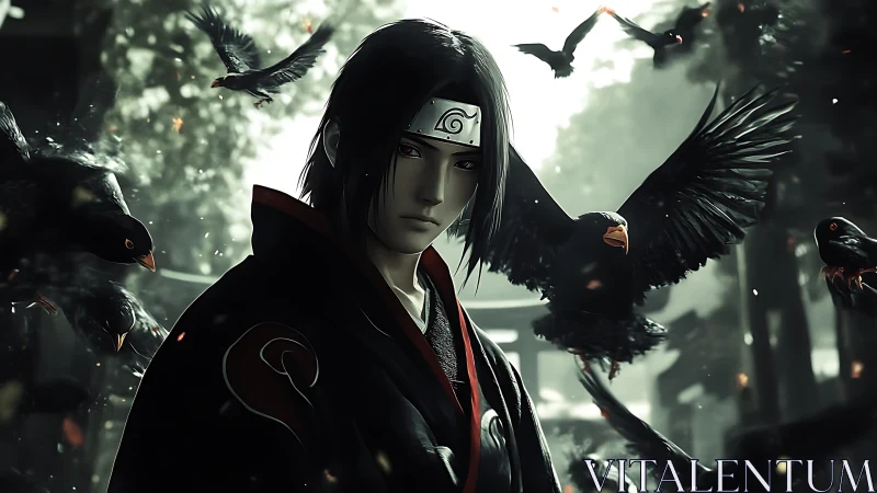 Stoic shinobi stands among swirling crows in misty shrine