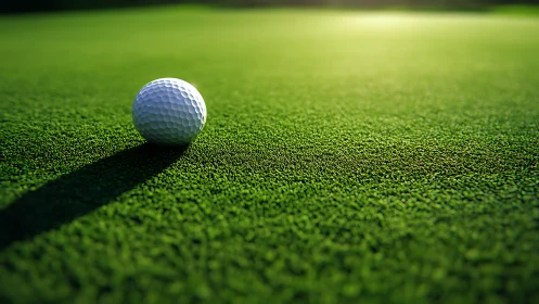 Golf ball on green turf surface under directional sunlight.