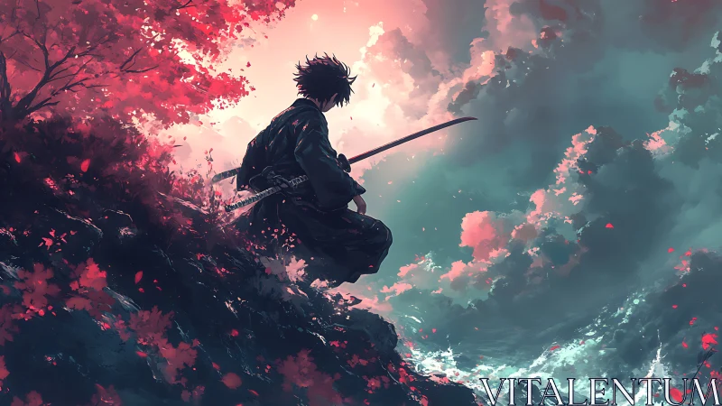 Solitary samurai resting beneath rosy stormlit skies.