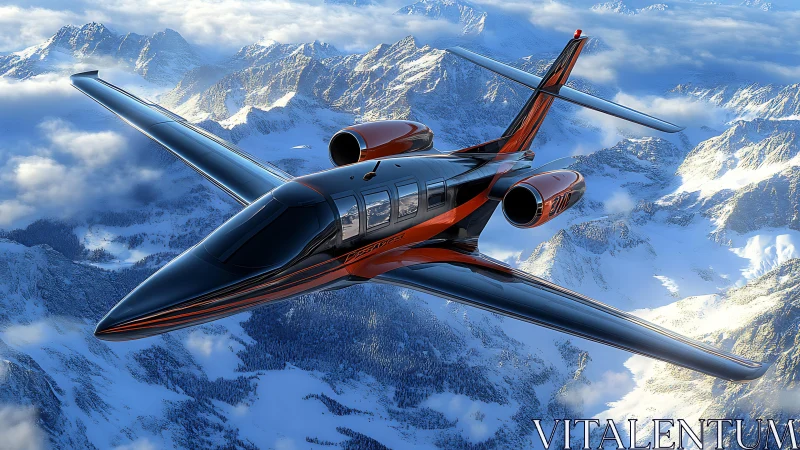 Sleek private jet soars above dramatic snowy mountainscape.