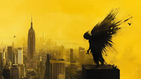 Silhouetted winged figure above a yellow-toned cityscape.