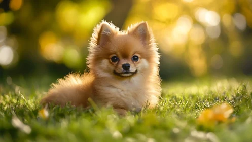 Photorealistic portrait of Pomeranian puppy in bokeh lawn setting.