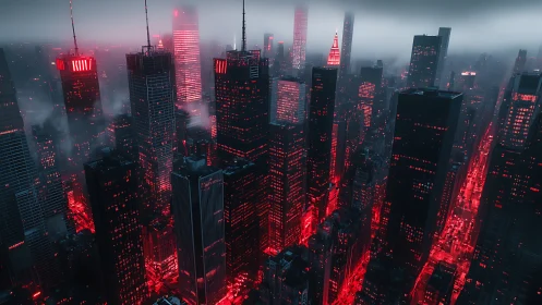 Red illuminated cyberpunk cityscape in dense night fog.