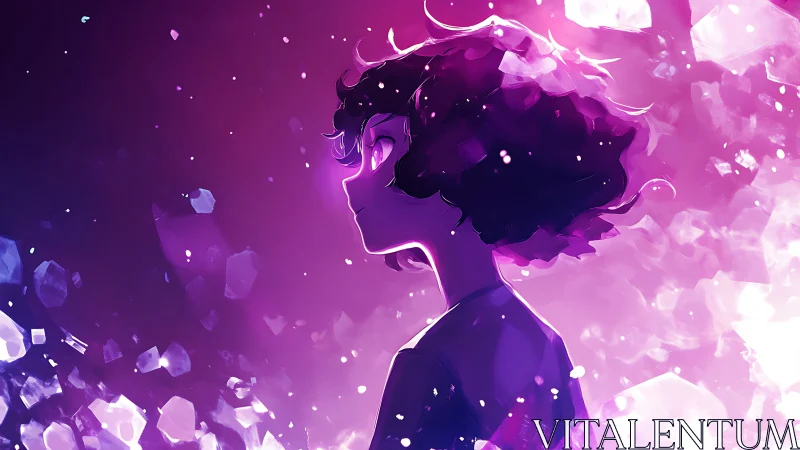 Neon-lit anime profile amid crystalline magenta fragments.