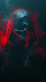 Hooded skull figure rendered with red accent lighting