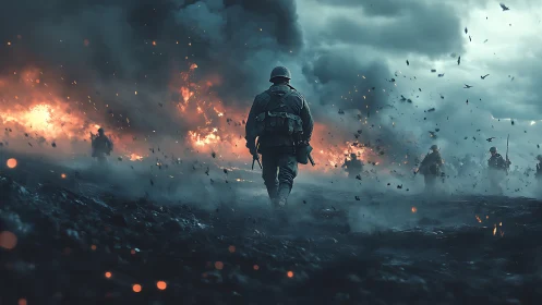 Soldier advancing across burning battlefield under smoke clouds.