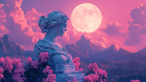Classical bust amid pink landscape under large full moon.