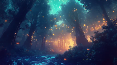 Bioluminescent Woodland Canyon: Glowing Flora and Ethereal Luminescence.