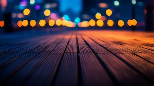Low-angle city boardwalk under shallow depth of field bokeh lighting