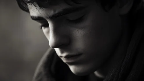 Monochrome close-up portrait in soft chiaroscuro tones.